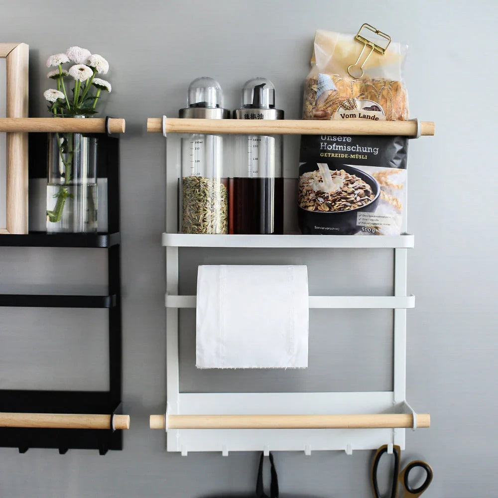 Magnetic Refrigerator Organizer with six hooks, wooden crossbar, and sleek matte metal finish