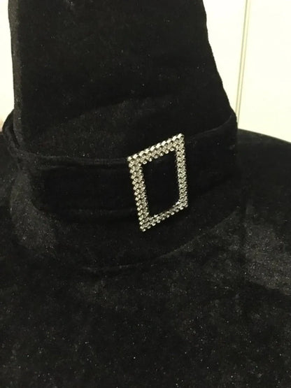 Halloween wizard hat in non-woven crepe fabric showing three style options: black, curved angle, and flocked orange