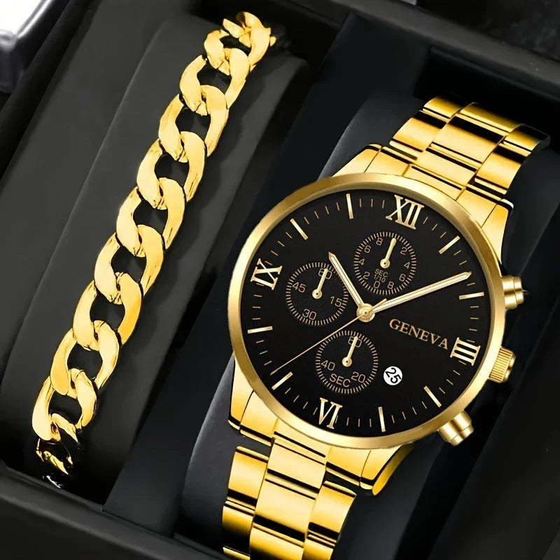 Men's stainless steel watch and coordinating bracelet set in various color options