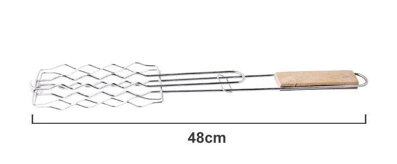 Outdoor grill accessories including sausage, vegetable, and meat clips with wooden handles for safe and convenient backyard barbecuing