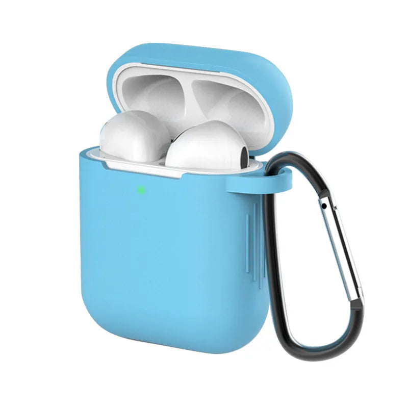 Liquid silicone protective clamshell case for Apple AirPods, shown in multiple colours on a white background.