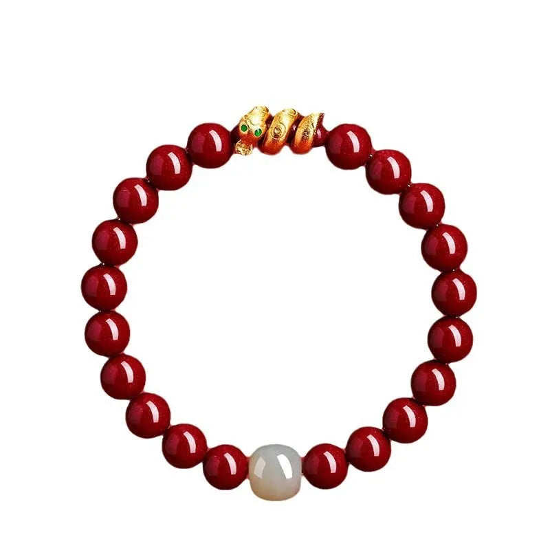 Traditional Chinese cinnabar snake year zodiac bracelet with handcrafted beads