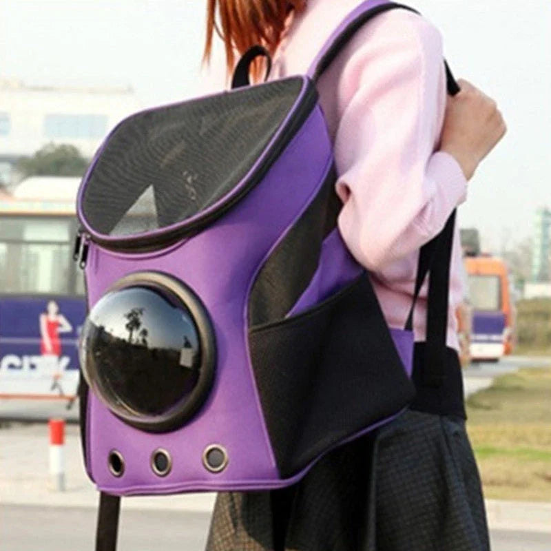Astronaut-inspired pet carrier backpack with a space capsule design for safe and comfortable pet transportation