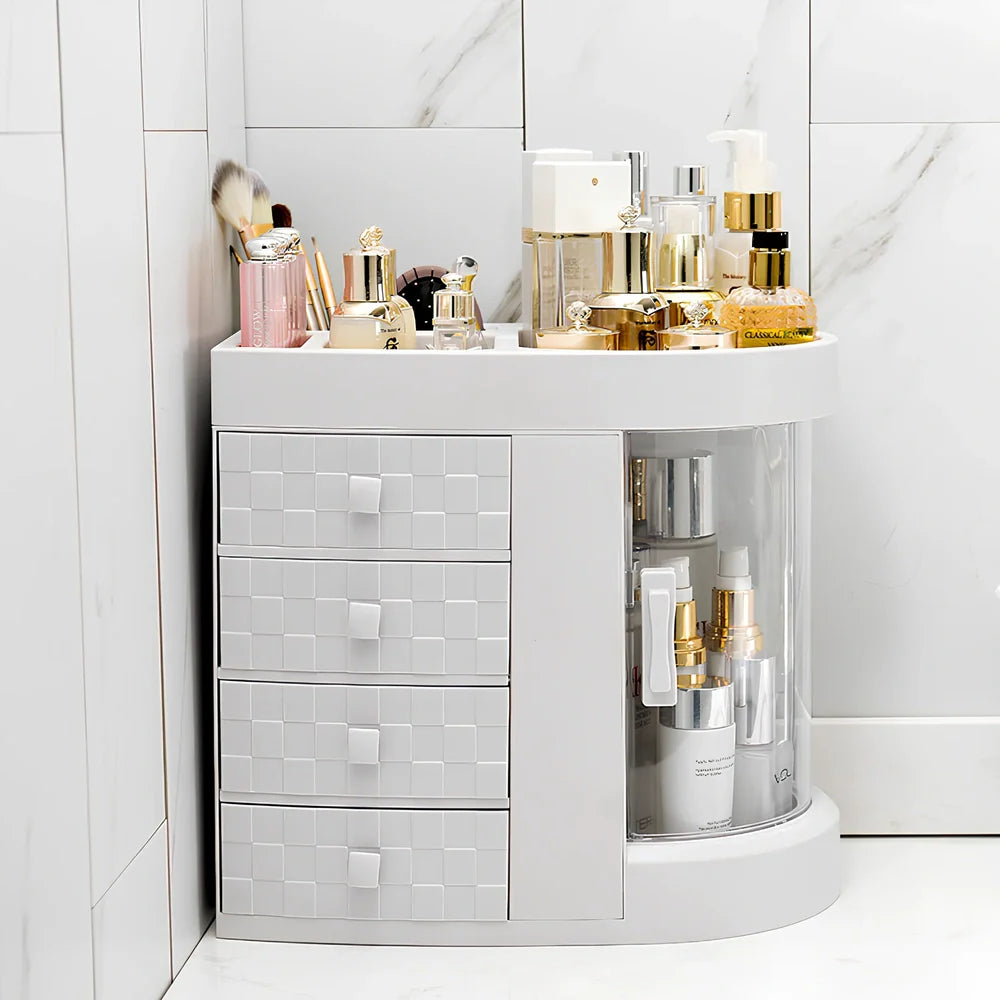 White plastic skincare storage rack with multiple compartments measuring 29.5cm wide