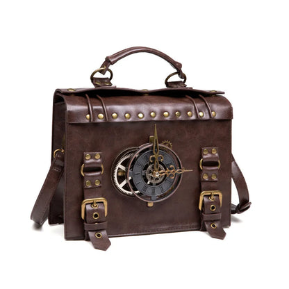 Bronze steampunk industrial retro style PU leather shoulder bag with metal details and a square pillow shape.