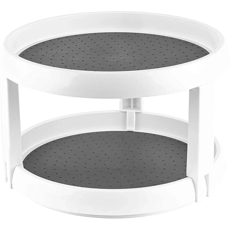 Two-tier kitchen turntable organizer with non-skid surface and rimmed edges