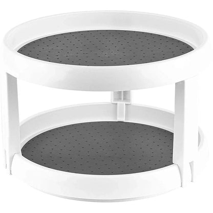 Two-tier kitchen turntable organizer with non-skid surface and rimmed edges