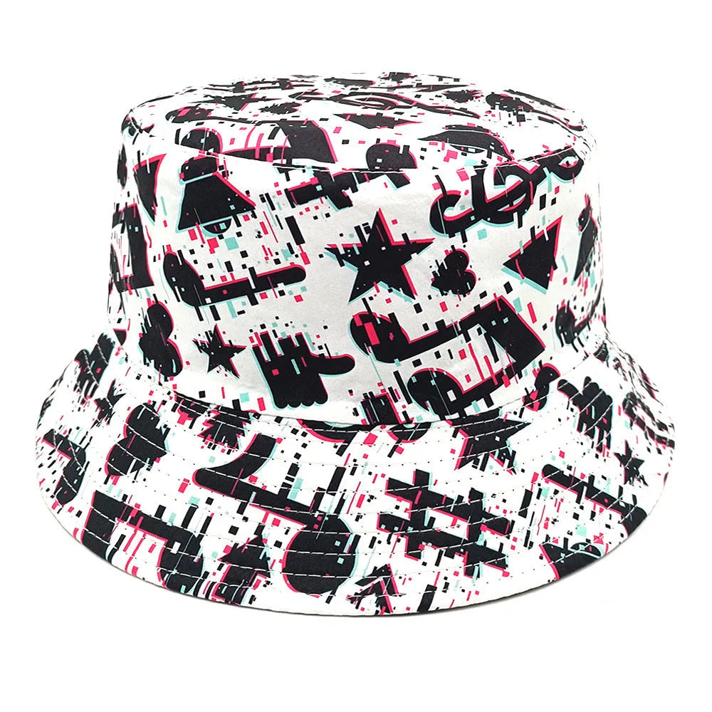Musical note pattern printing on beige bucket hat with dome crown