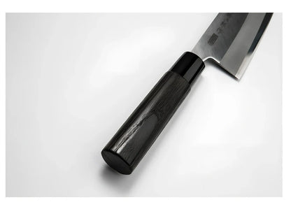 Stainless steel kitchen knife with 193mm blade, 62° point angle, and chestnut handle