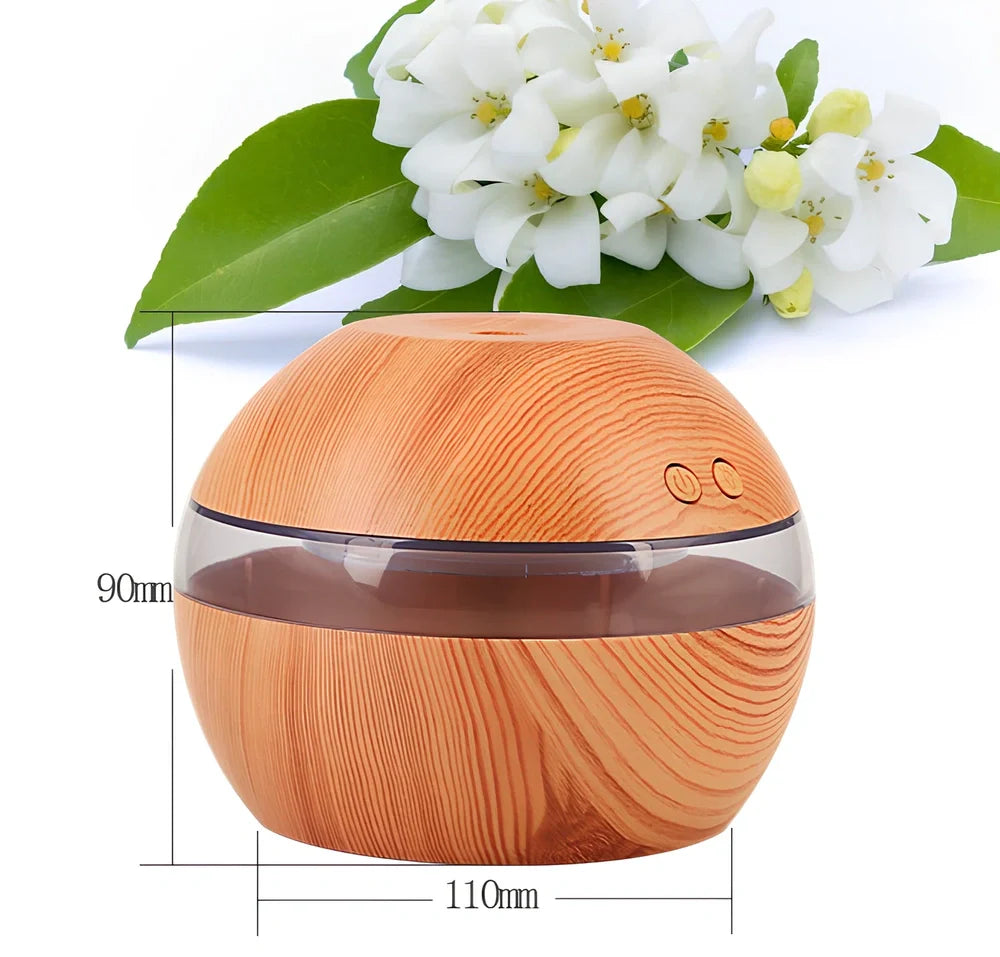 White ABS essential oil diffuser measuring 110x110x90mm with 300ml water capacity and USB power connection