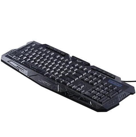 Black USB gaming keyboard with blue purple red LED backlight, 49cm x 19cm, laser-engraved keys, adjustable stand