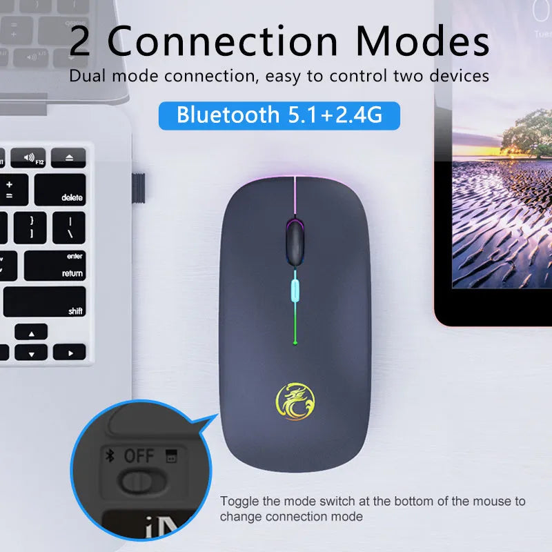 Black or white wireless silent mouse with charging light, dimensions 112x57x25mm, showing adjustable DPI switch.