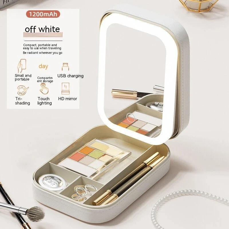 Lighted makeup mirror with adjustable LED lights, touch-controlled brightness, and integrated storage compartment