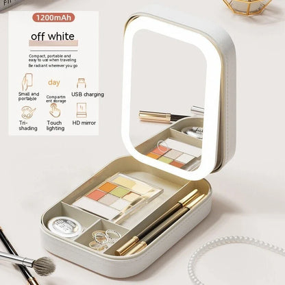 Lighted makeup mirror with adjustable LED lights, touch-controlled brightness, and integrated storage compartment