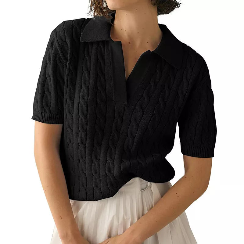 Women's V-Neck Short-Sleeve Knitted Sweater in various solid colors