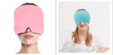 Black elastic cooling gel eye mask for headache relief placed on a forehead.