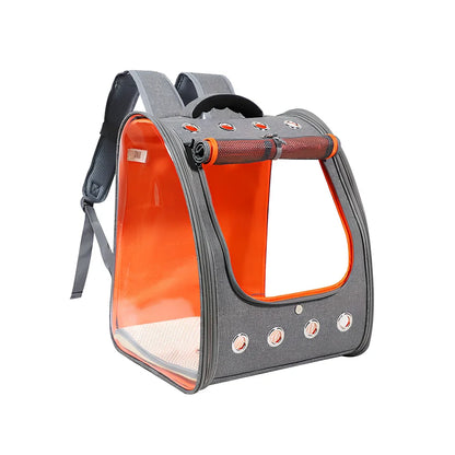 Blue pet backpack with transparent PVC windows showing interior, adjustable shoulder straps, and ventilation holes