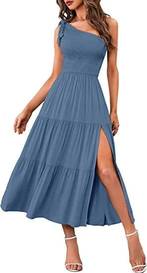 Stunning one-shoulder dress with pleated, asymmetrical hemline and side slits