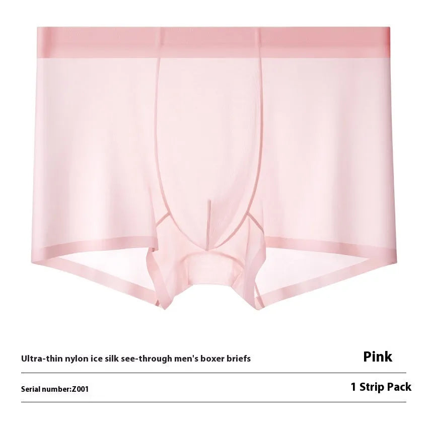 Men's ultra-thin ice silk boxer briefs in purple, shown flat to highlight seamless design.