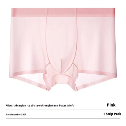 Men's ultra-thin ice silk boxer briefs in purple, shown flat to highlight seamless design.