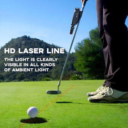 Black golf laser aiming sight with clip mount for putting alignment training.