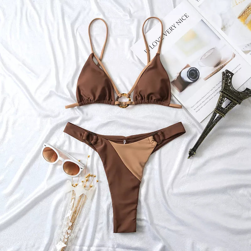 Solid color double-layer fabric split swimsuit in green and coffee, ideal for active women