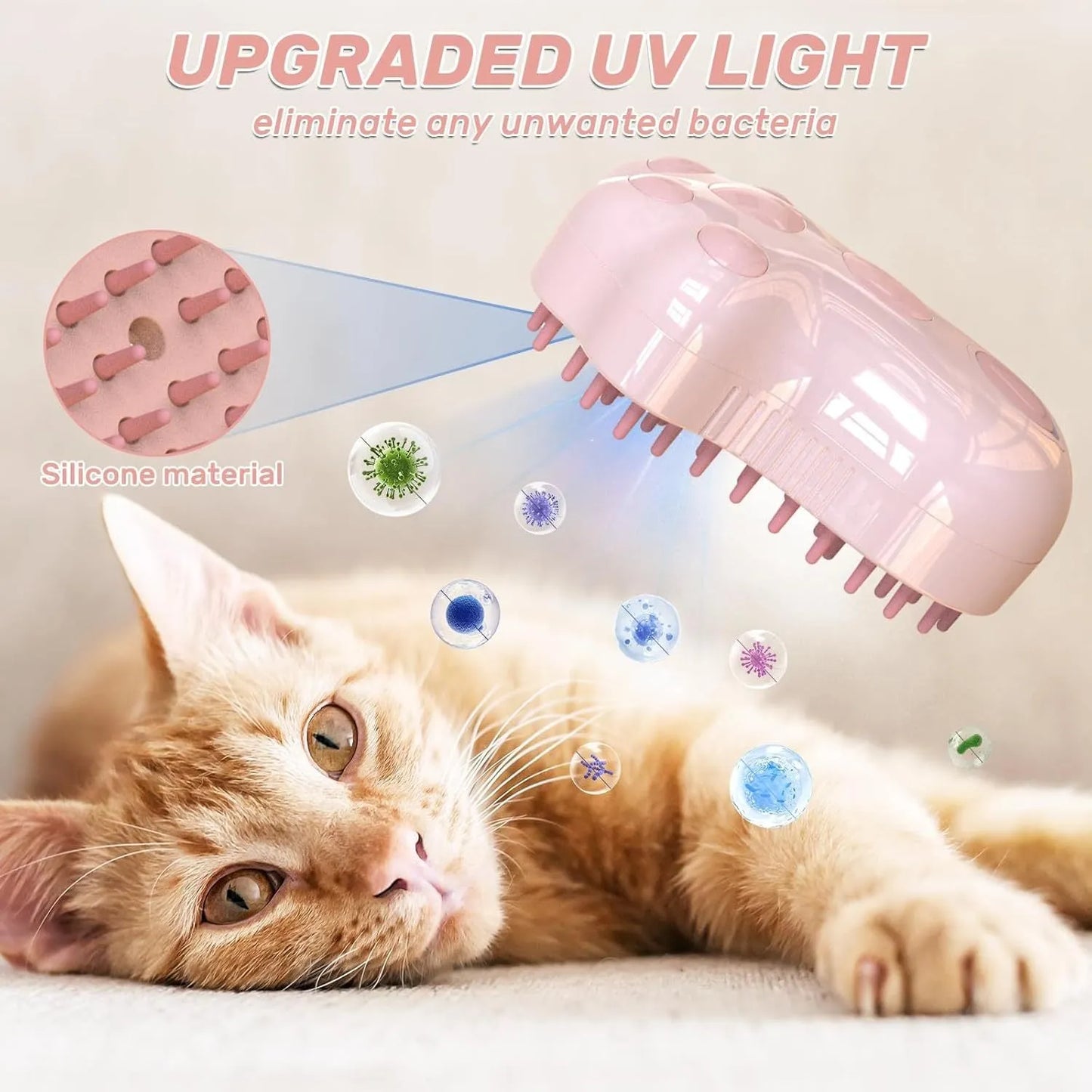 Self-cleaning cat steam brush with silicone bristles, blue light, and rechargeable spray for pet grooming