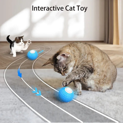 Blue remote control interactive rolling ball cat toy with sound effects on a carpet.
