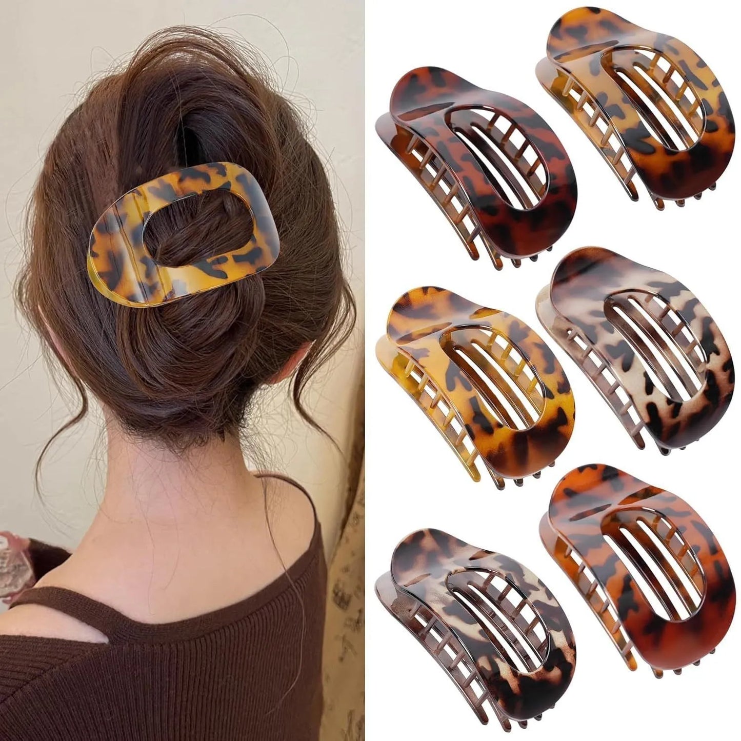 Six rose red plastic hair clips with frosted grip surface and geometric quadrilateral design