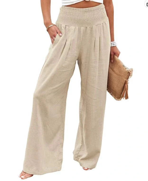 Women's wide leg casual pants in cotton linen blend, available in multiple colors