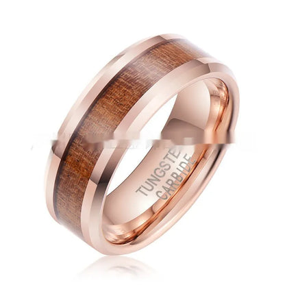 Men's tungsten ring with wood leather texture in 8mm width showing rose gold or steel colour options