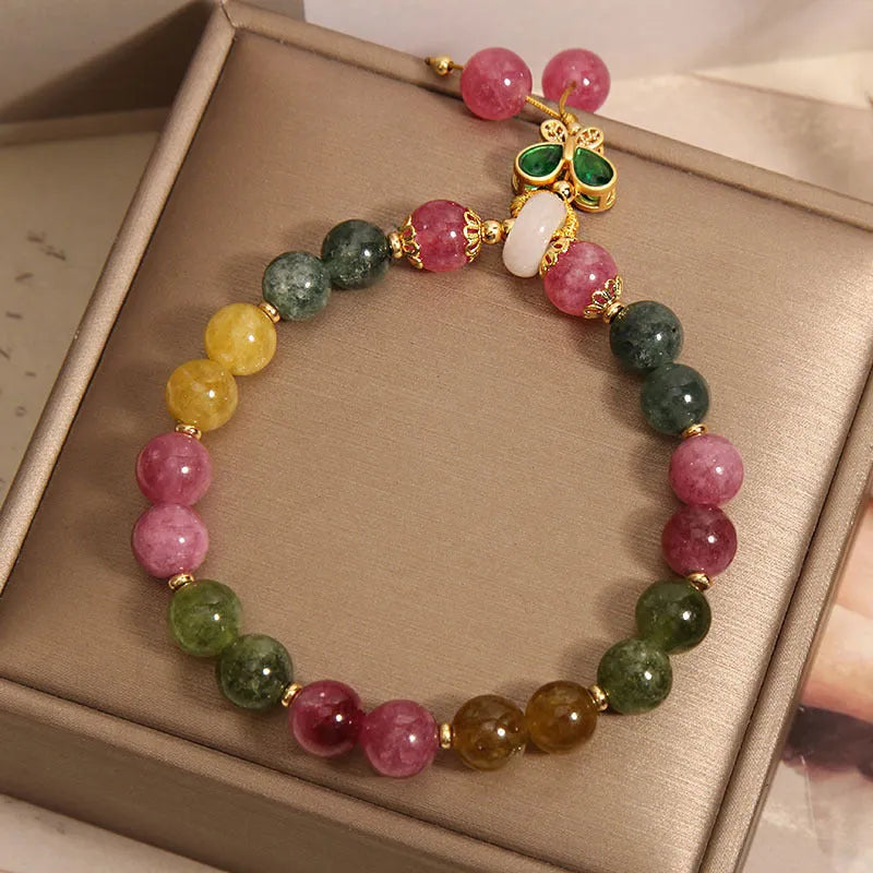 Women's tourmaline butterfly pendant bracelet with colourful stone details and rhinestone elements