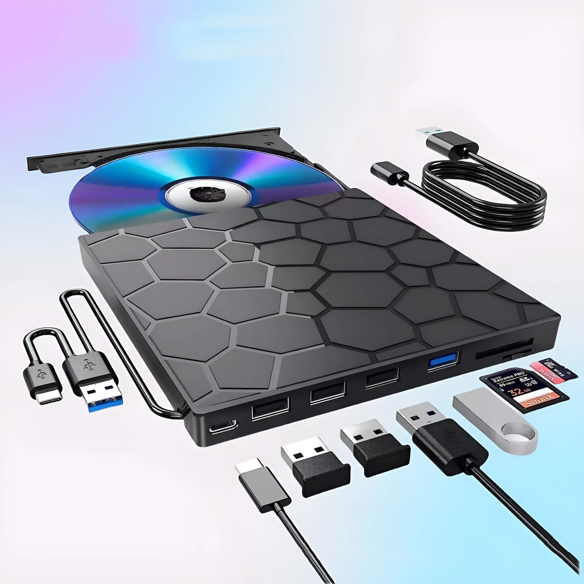Black external USB CD/DVD drive burner for laptop and desktop computers