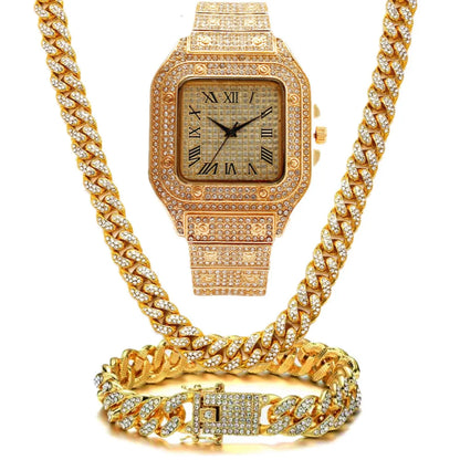 Roman Grain quartz watch set with black mesh band, square dial with roman numerals and diamond studs, plus matching bracelet and necklace