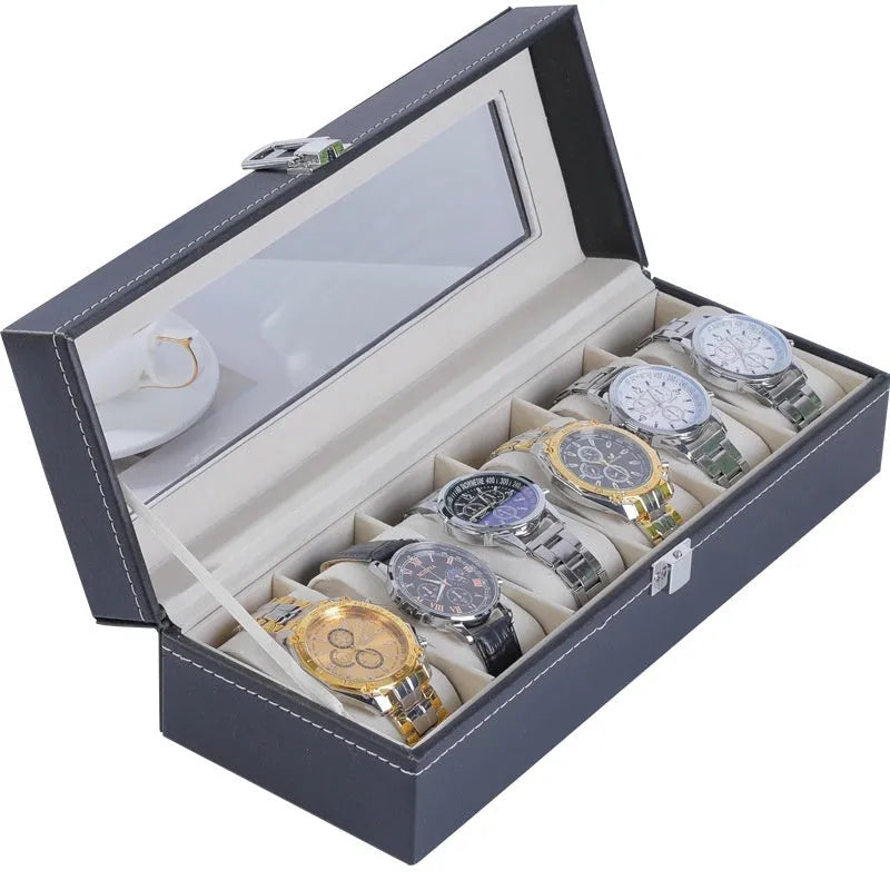 Grey high-grade leather watch storage box with transparent lid showing multiple watch compartments.