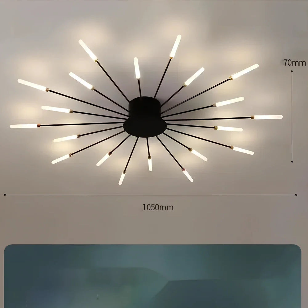 Ceiling room light with decorative iron framework and multiple bulb heads in gold or sand black finish