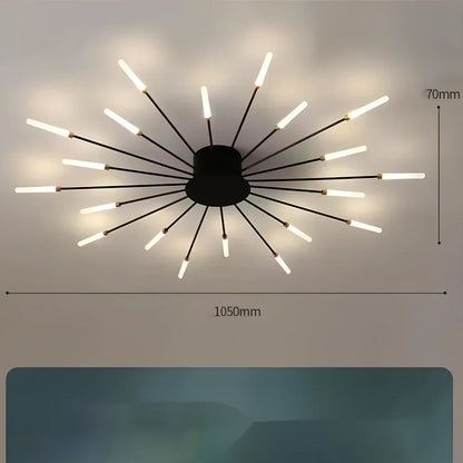 Ceiling room light with decorative iron framework and multiple bulb heads in gold or sand black finish