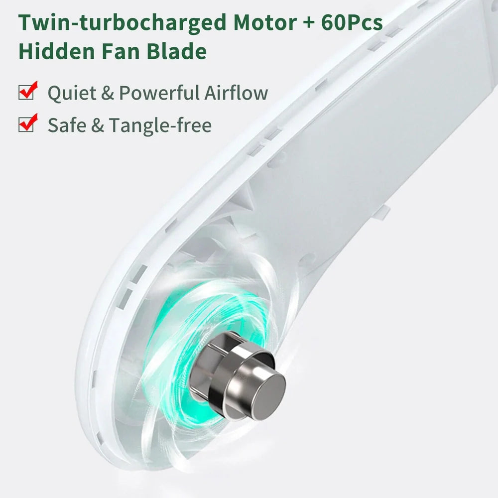 White hanging neck fan with flexible dual wind heads showing 78 air outlets and USB Type-C charging port