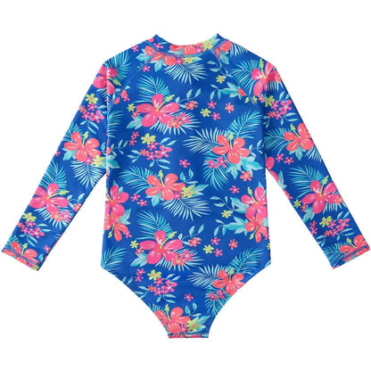 Girl's long-sleeve one-piece swimming suit in a briefs style on a hanger.