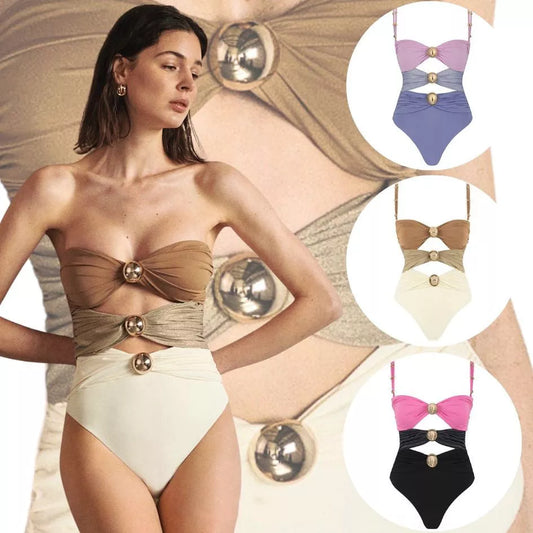 Women's one-piece swimsuit with round buckle decoration and hollow out stitching in various colors