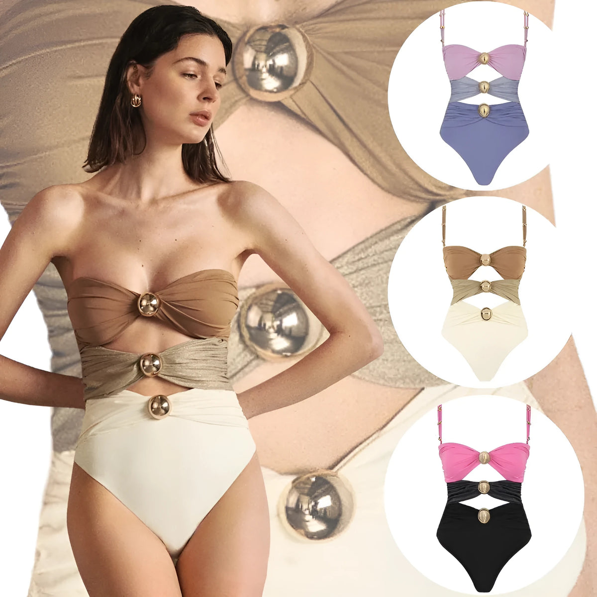 Women's green one-piece swimsuit with round buckle decoration and hollow-out stitching detail on nylon fabric.