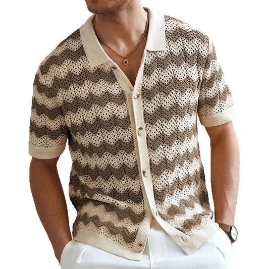 American-style hollow jacquard corrugated sweater with short sleeves and flocking detail in blue colour
