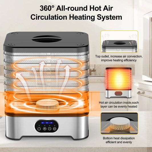 Silver food dehydrator with 8 drying trays, transparent door, and control panel showing temperature settings