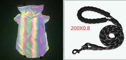 Black reflective dog hoodie with color-changing feature for nighttime visibility