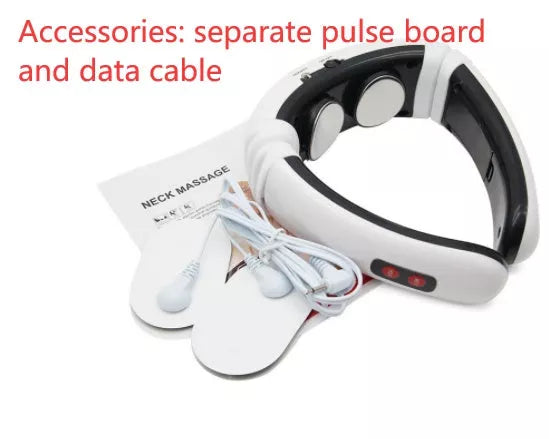 Cervical massager with 6 modes for neck tension relief, white color, includes gel strips