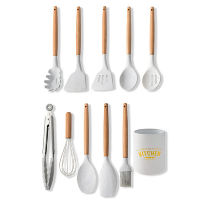 A set of silicone cooking utensils with sturdy wooden handles, designed to withstand high heat up to 446°F.