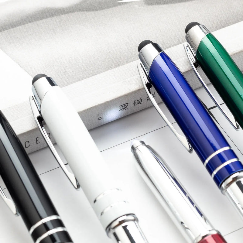 Metal touch screen capacitive stylus ballpoint pen with LED light for office and touchscreen devices, available in red, black, white, green and blue colours with bullet type pen head design.