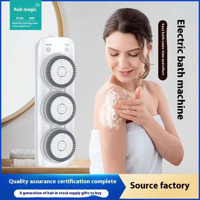Grey wall-mounted electric bath rubbing machine with rub back plate, three nylon brush heads and charger