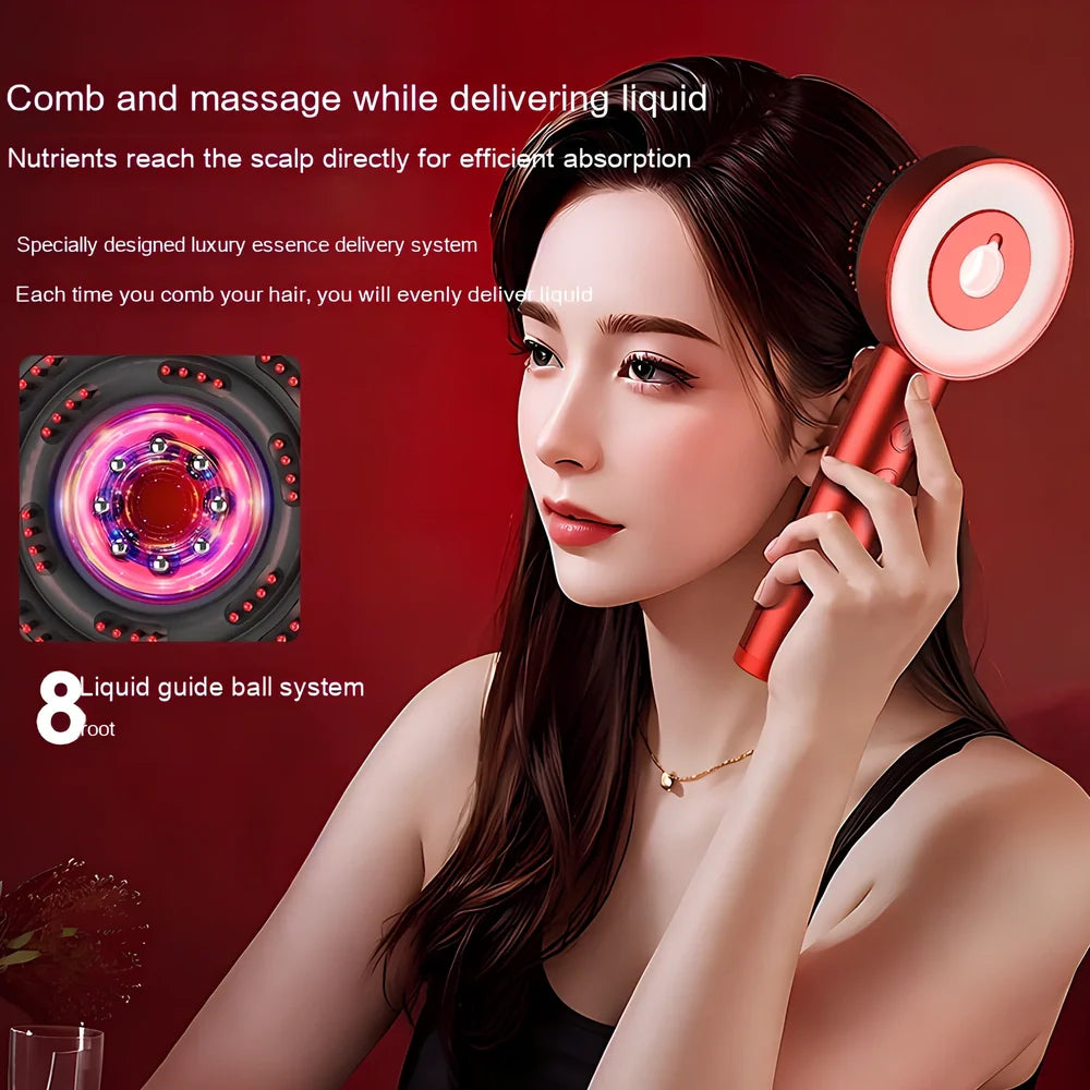 Fluffy comb scalp massager with infrared light therapy functions showing comb attachment and control buttons