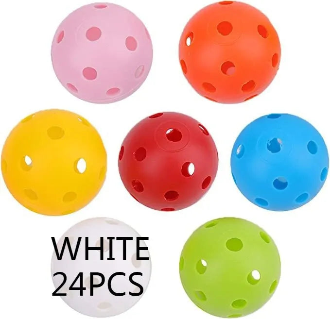 Multi-colour golf practice balls in red, orange, blue, green, white, and yellow, 42mm diameter, packed in a net pocket